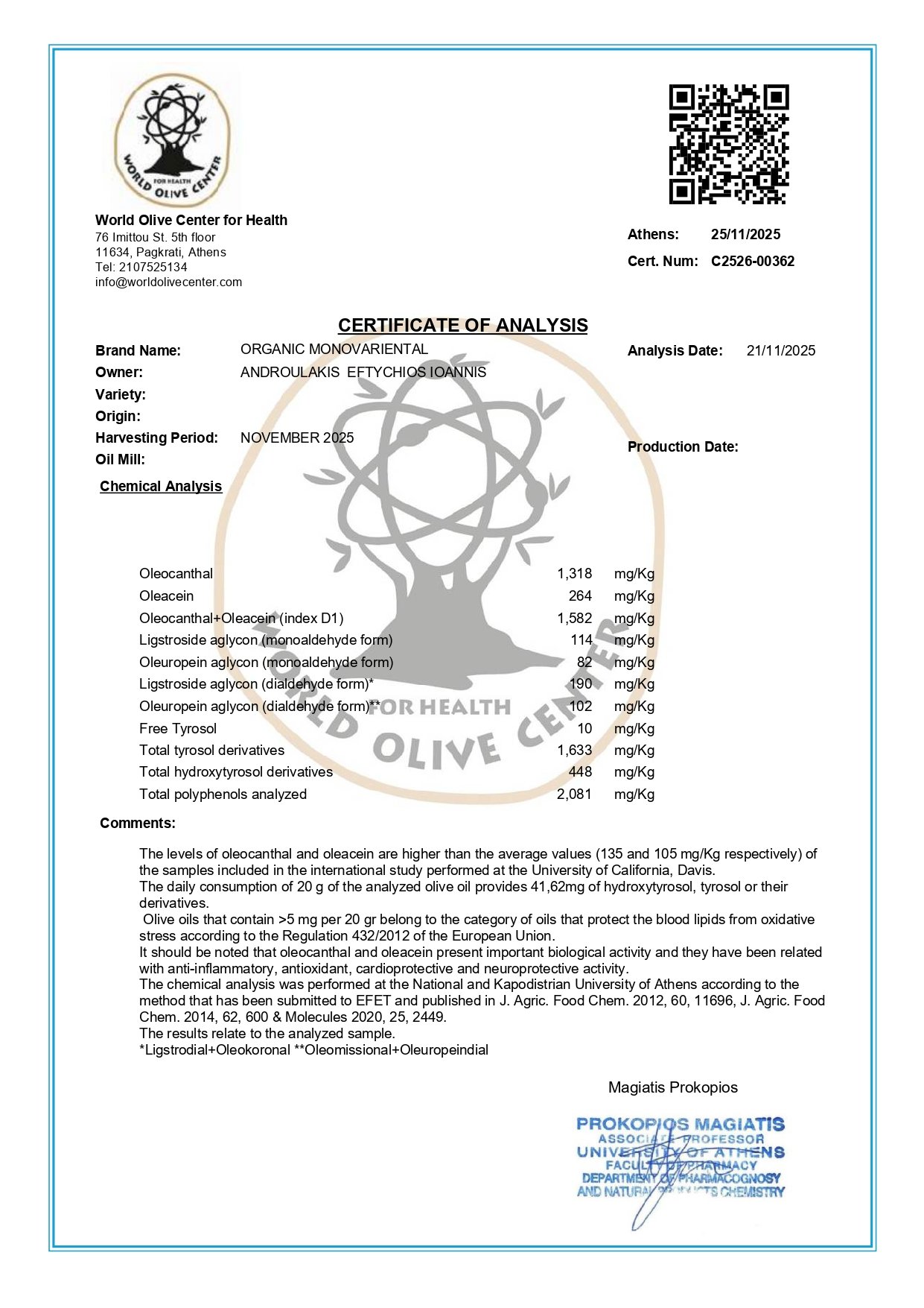 Pamako aliejaus polifenolių tyrimo rezultatas